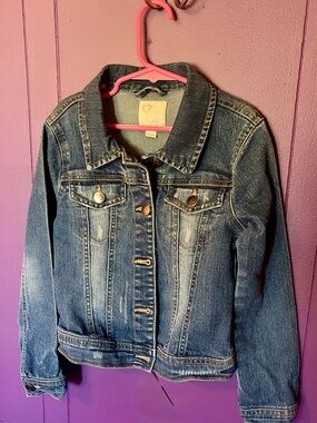 Girls Denim Jacket Distressed Medium Wash Button Front
